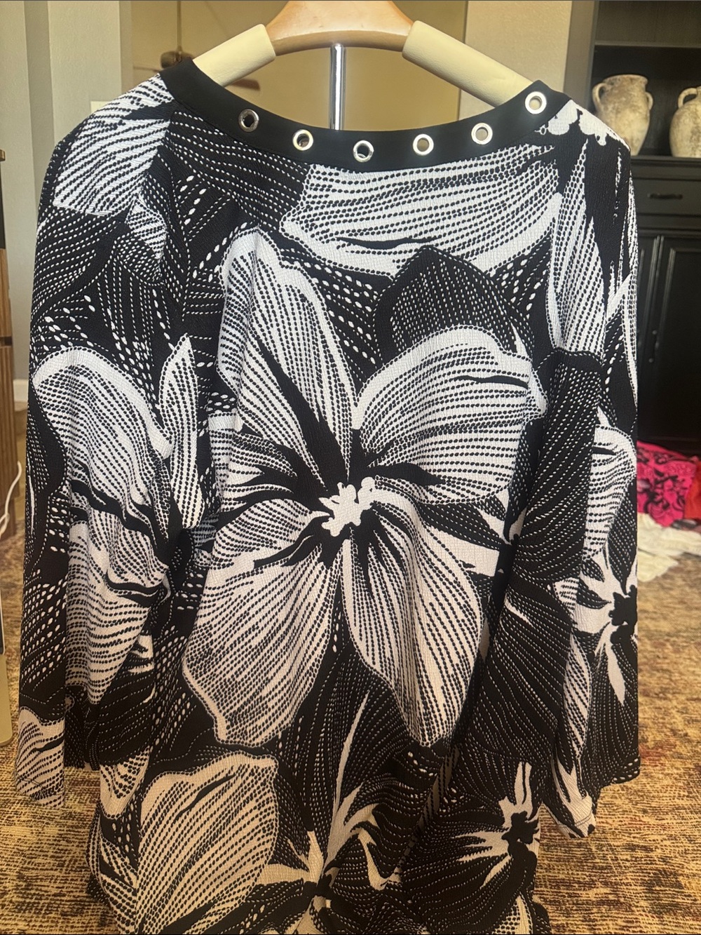 Investments Black and White Floral A-Line Skirt with Eyelet Waist